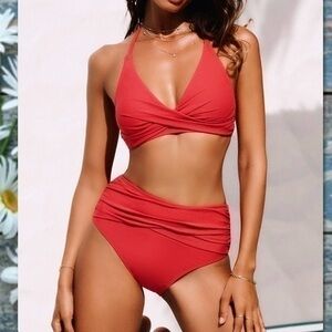 CUPSHE NWT EMERGE WRAP HIGH WAIST BOTTOMS HALTER TOP RETRO BIKINI SET Medium